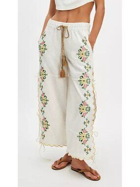 Free People Summer Breeze Tie Pants Womens L Boho Hippie Embroidered Floral